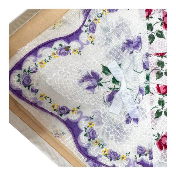 Vintage Floral Handkerchief Red Blue Purple Lace Trim Roses Scalloped Edge Lot 3 - Picture 2 of 4